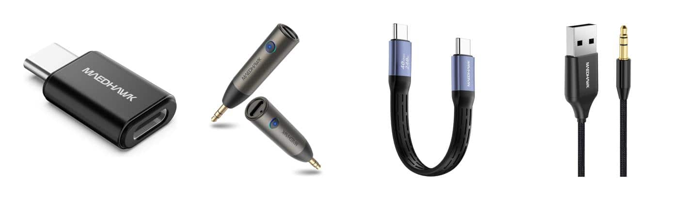 MaedHawk adapters, Bluetooth AUX receivers, and USB-C accessories